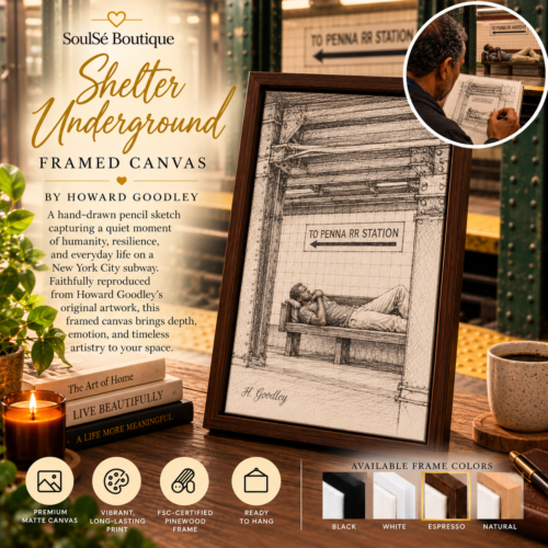 Shelter Underground Framed Canvas by Howard Goodley, featuring an original pencil sketch of a man resting on a New York City subway platform, displayed in a vertical espresso wood frame with a circular artistic reenactment of Howard Goodley sketching the scene.