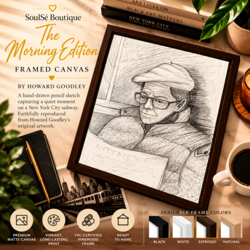 The Morning Edition Framed Canvas by Howard Goodley showing a gentleman in a flat cap reading a newspaper on a New York City subway.