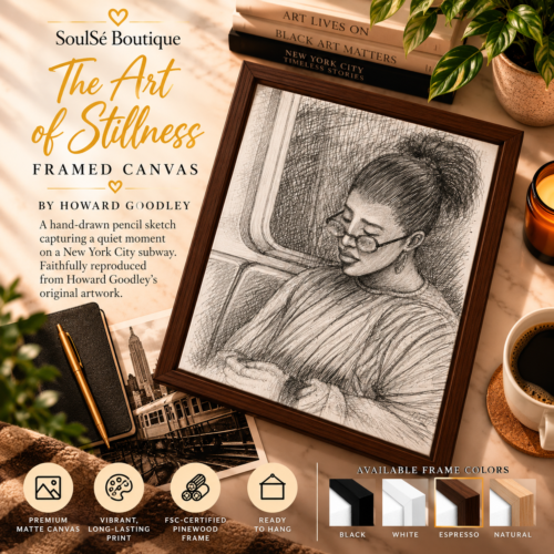 The Art of Stillness Framed Canvas by Howard Goodley featuring a seated woman with glasses and a bun in a detailed New York City subway pencil sketch.