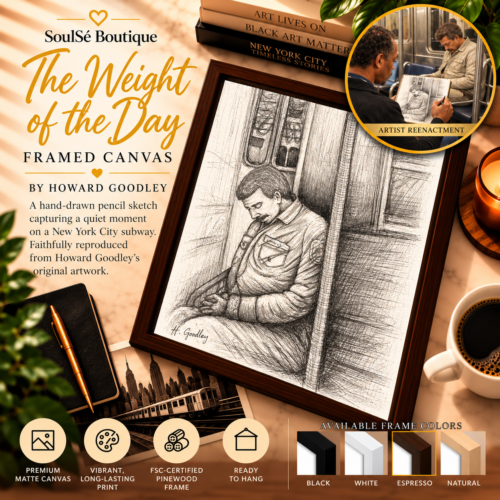 The Weight of the Day Framed Canvas by Howard Goodley, featuring an original pencil sketch of a resting NYC subway passenger, espresso wood frame, available frame colors, and an artistic reenactment of the artist drawing.